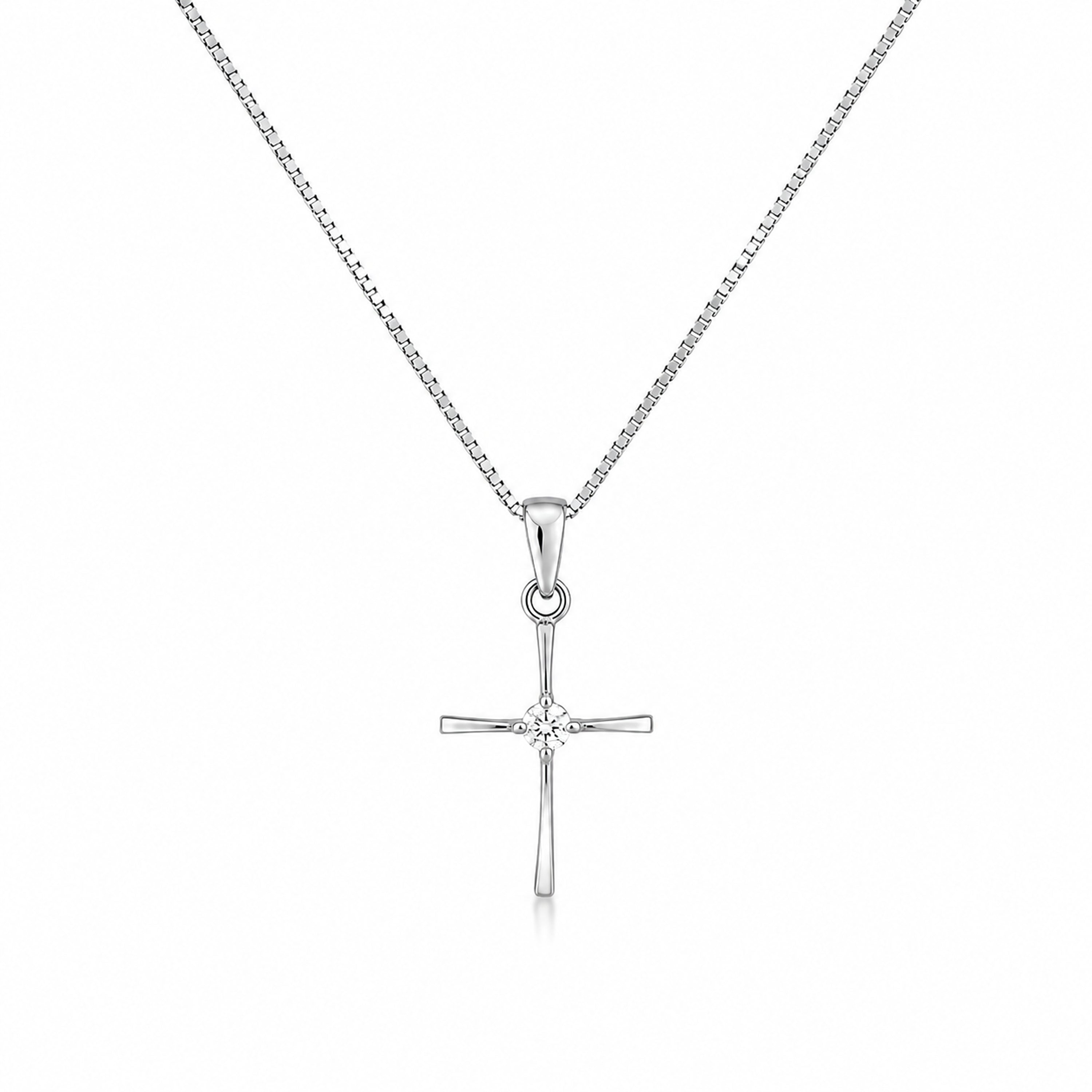 10K white gold cross pendant with a 0.44 CT natural diamond on a white gold box chain.