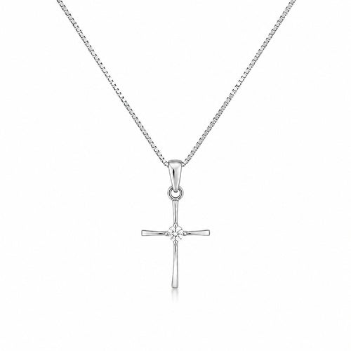 10K white gold cross pendant with a 0.44 CT natural diamond on a white gold box chain.