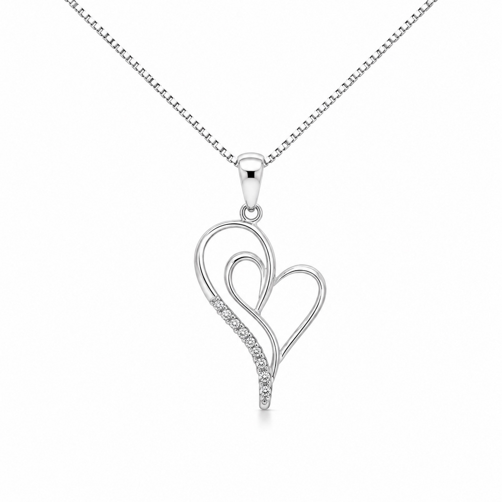 Elegant 10K white gold double heart pendant necklace with 0.59 ct natural diamonds on a matching chain.