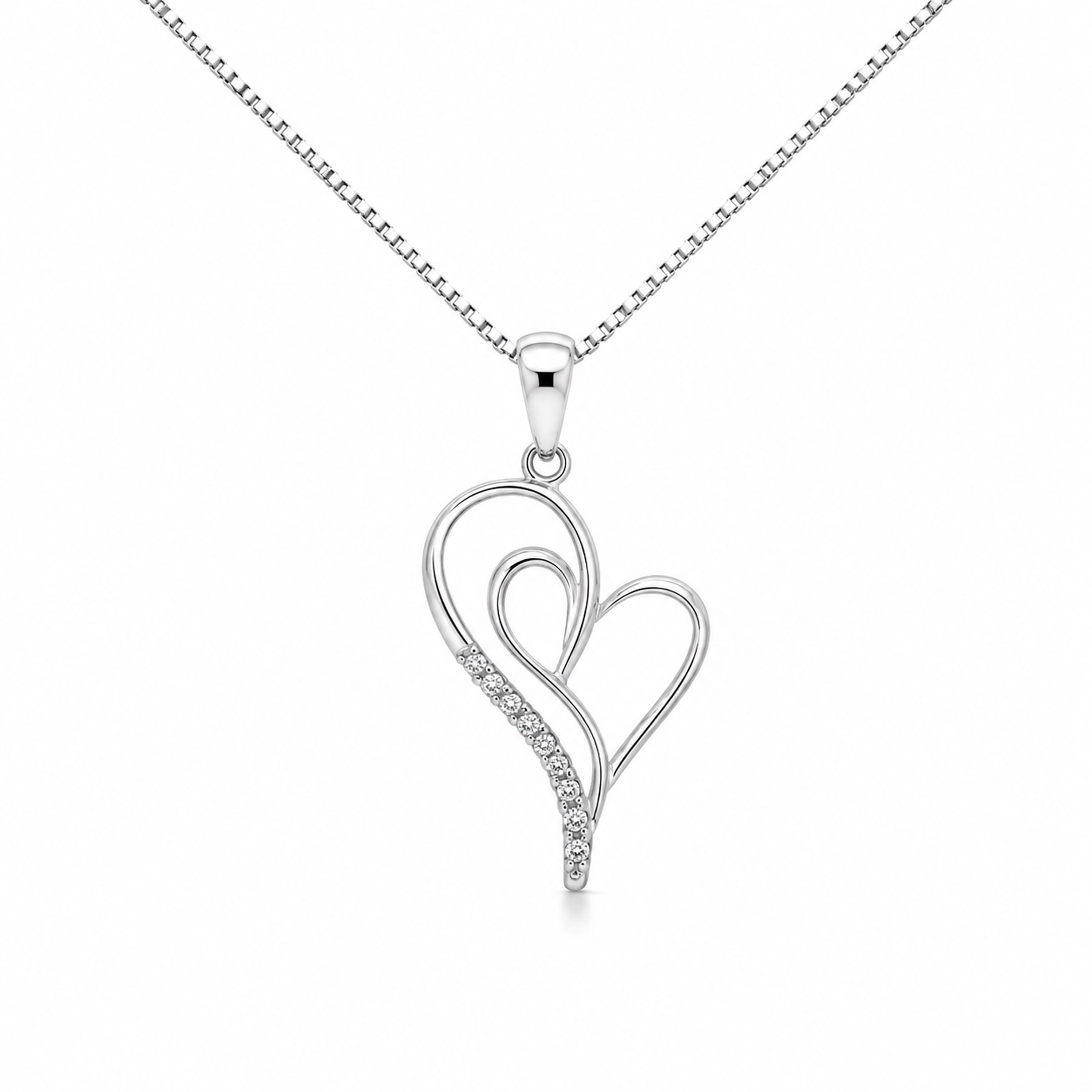 Elegant 10K white gold double heart pendant necklace with 0.59 ct natural diamonds on a matching chain.