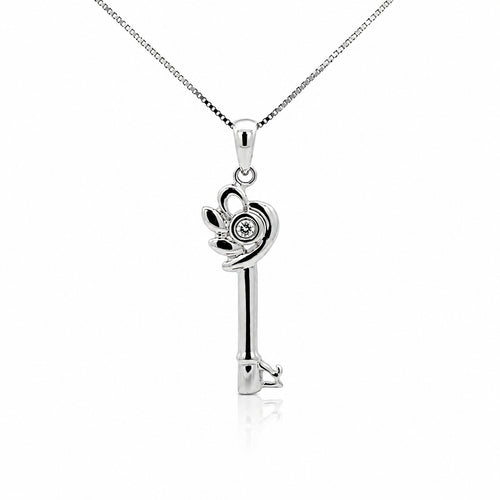 10K white gold diamond key pendant necklace featuring 0.81 CTW natural diamonds on a matching white gold box chain.