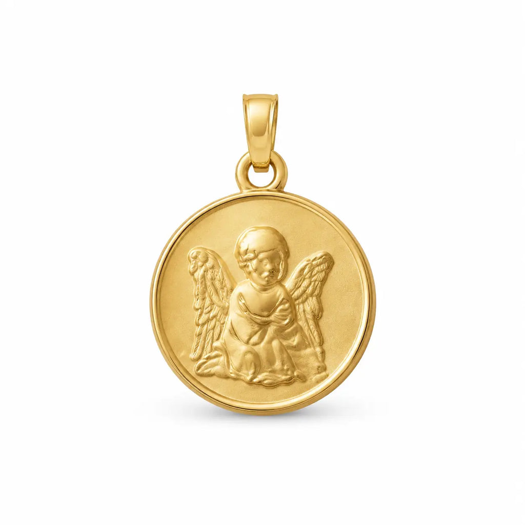 Front view of a round 14K yellow gold guardian angel medallion pendant