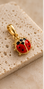 14K yellow gold ladybug charm pendant with red enamel wings and black spots on a white background by La Noosha Jewelry.