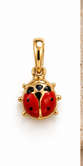 14K yellow gold ladybug charm pendant with red enamel wings and black spots on a white background by La Noosha Jewelry.