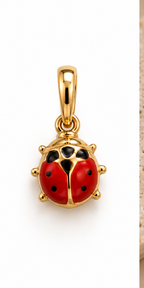 14K yellow gold ladybug charm pendant with red enamel wings and black spots on a white background by La Noosha Jewelry.