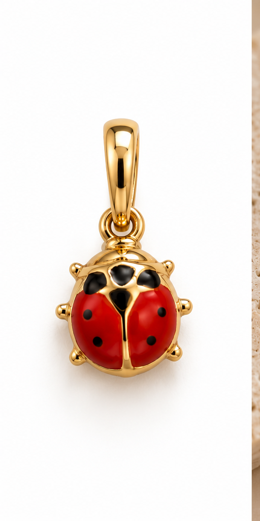 14K yellow gold ladybug charm pendant with red enamel wings and black spots on a white background by La Noosha Jewelry.