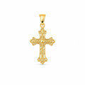 Front view of an ornate 14K yellow gold cross pendant for kids