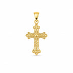 Front view of an ornate 14K yellow gold cross pendant for kids
