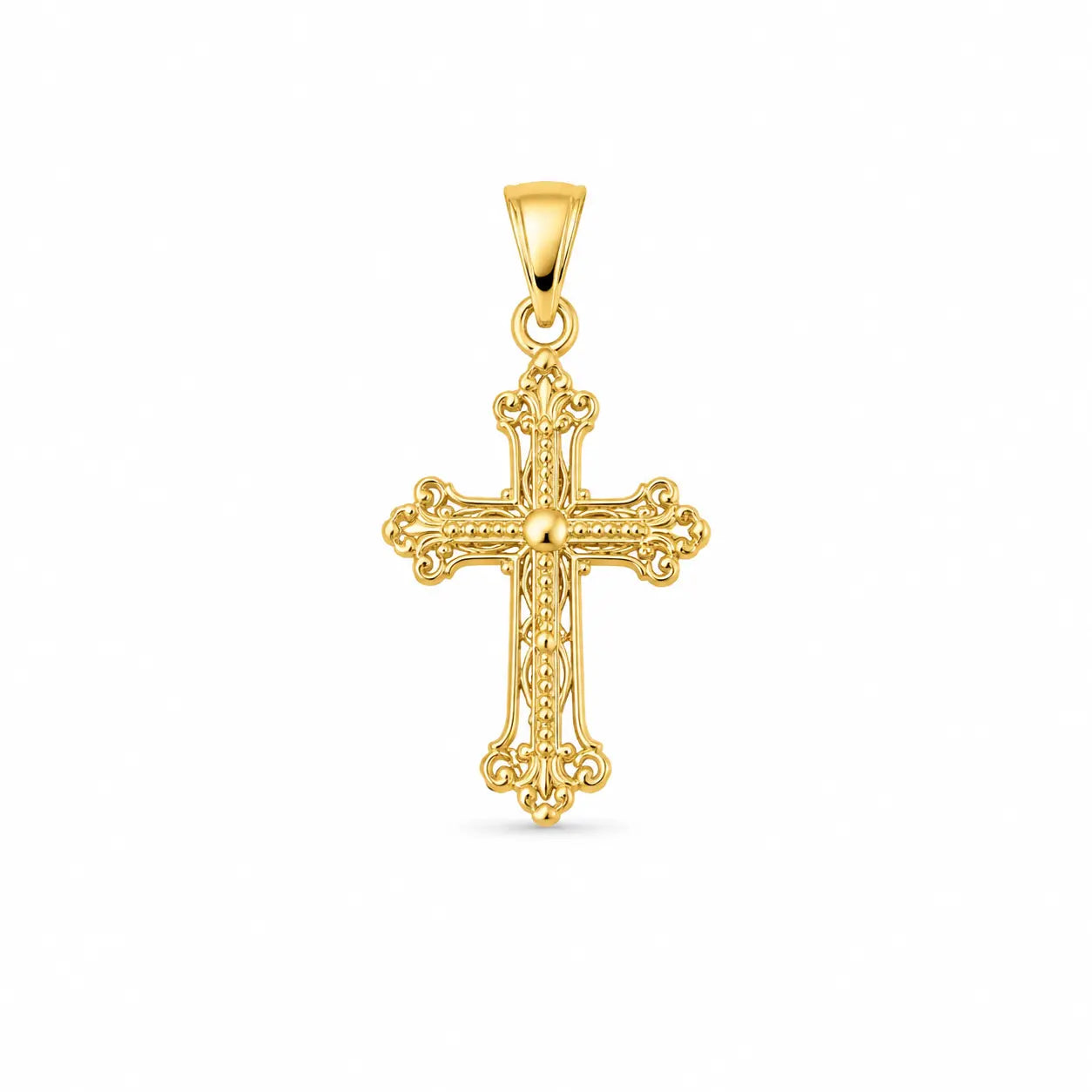 Front view of an ornate 14K yellow gold cross pendant for kids