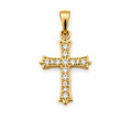 Front view of a slender 14K yellow gold cross pendant with colorless stone accents