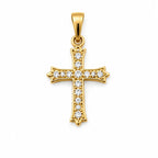 Front view of a slender 14K yellow gold cross pendant with colorless stone accents