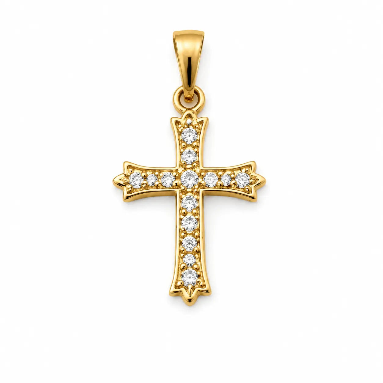 Front view of a slender 14K yellow gold cross pendant with colorless stone accents