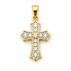 Front view of a 14K yellow gold cross pendant with colorless stone accents