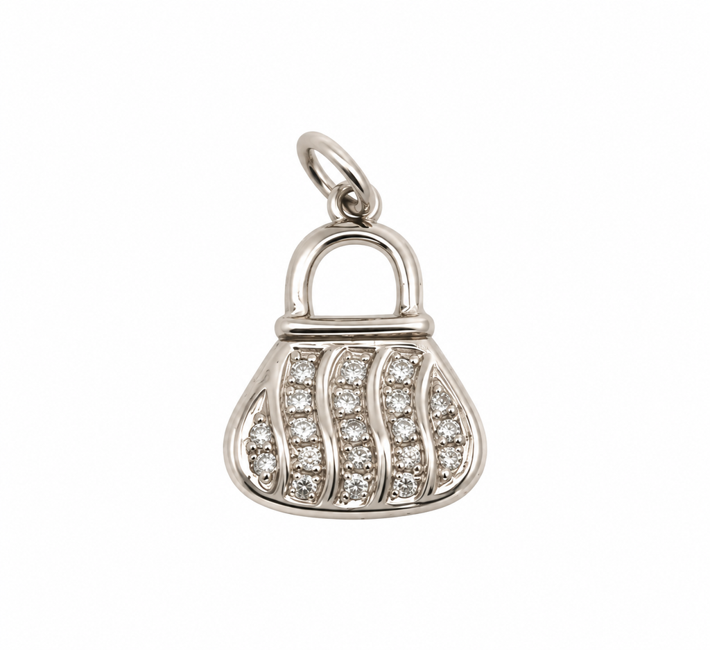 14K white gold handbag charm pendant featuring sparkling stones and elegant purse-shaped detailing on a white background.