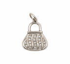 14K white gold handbag charm pendant featuring sparkling stones and elegant purse-shaped detailing on a white background.