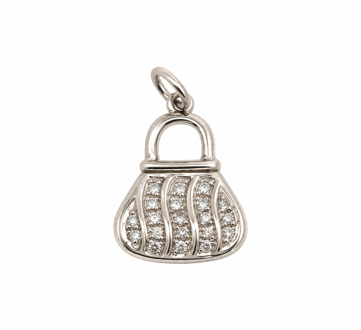14K white gold handbag charm pendant featuring sparkling stones and elegant purse-shaped detailing on a white background.