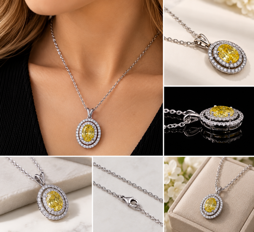 Luxury oval yellow gemstone pendant necklace in 14K white gold featuring a sparkling double halo design and delicate chain – La Noosha Jewelry