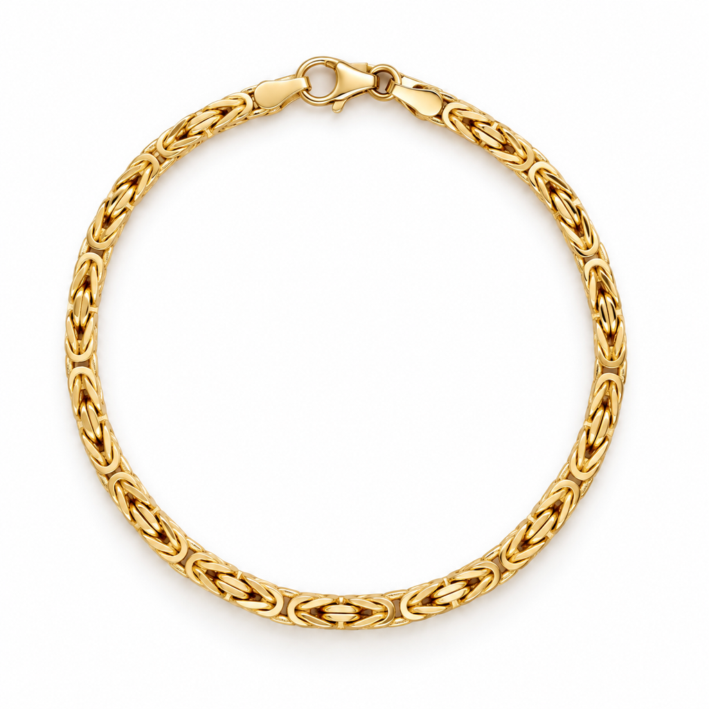 14K yellow gold men's Byzantine chain bracelet with intricate woven links and polished finish, displayed on a white background.