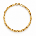 14K yellow gold men's Byzantine chain bracelet with intricate woven links and polished finish, displayed on a white background.