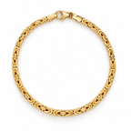 14K yellow gold men's Byzantine chain bracelet with intricate woven links and polished finish, displayed on a white background.