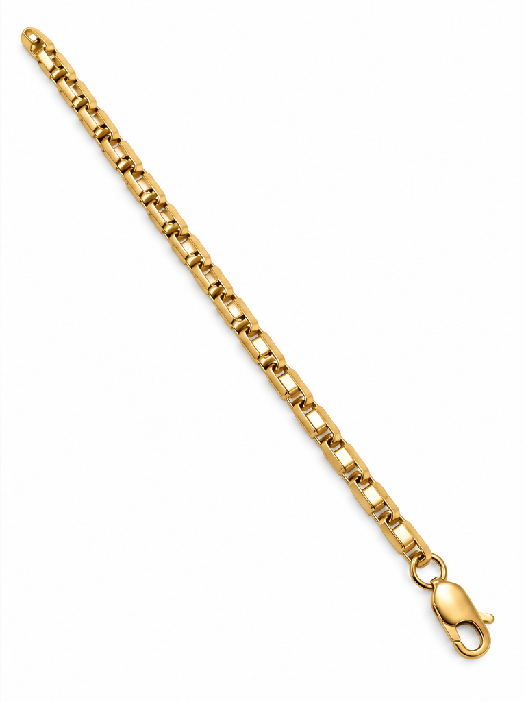 Close-up of a 14K yellow gold men's 5.5mm link chain bracelet featuring polished geometric links and a lobster clasp on a white background – La Noosha Jewelry.
