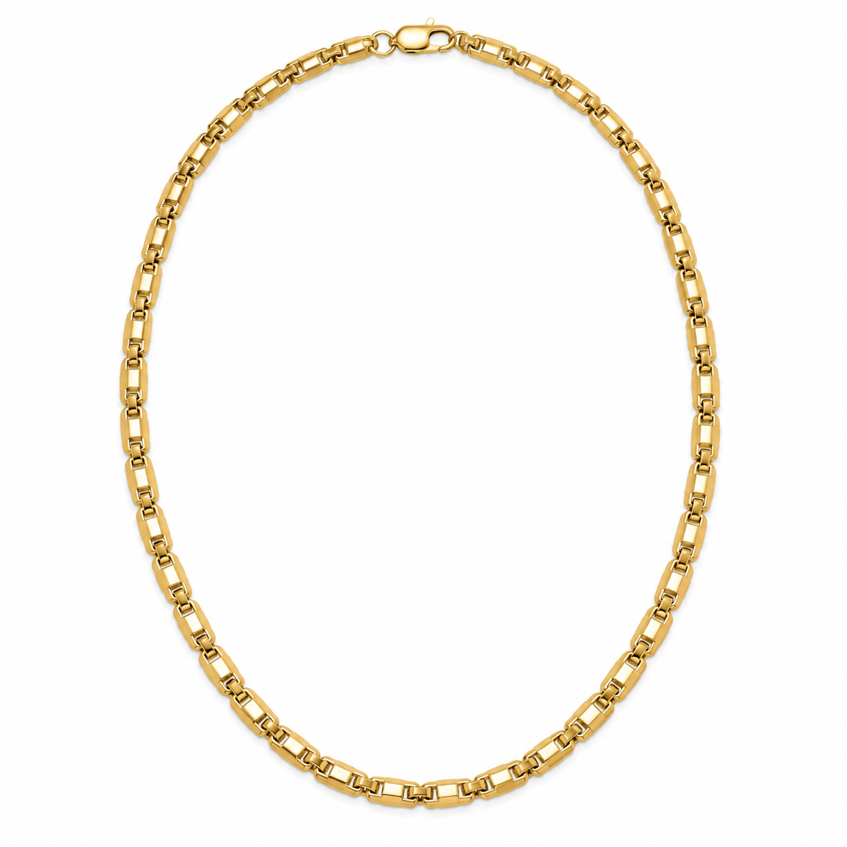 14K Yellow Gold Men's 4.5mm Geometric Link Chain Necklace with polished rectangular links and lobster clasp on a white background – La Noosha Jewelry.