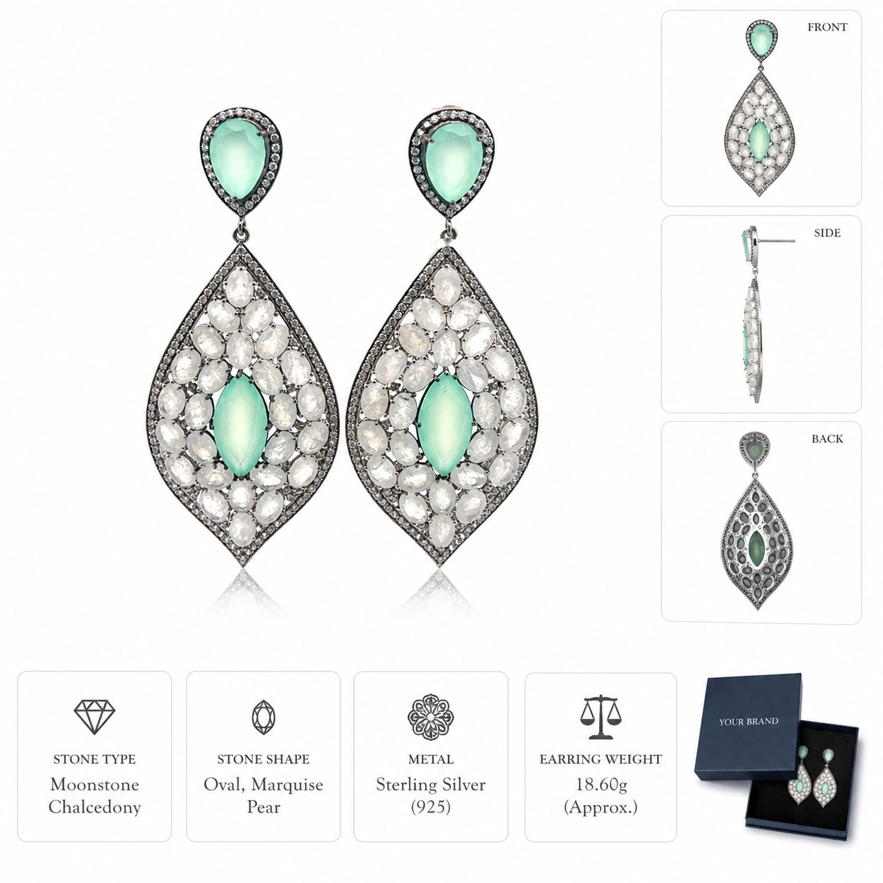 Product specification image of luxury Aqua Chalcedony and Moonstone statement drop earrings in sterling silver with front, side and back views, gemstone details and weight information by LA Noosha Jewelry.