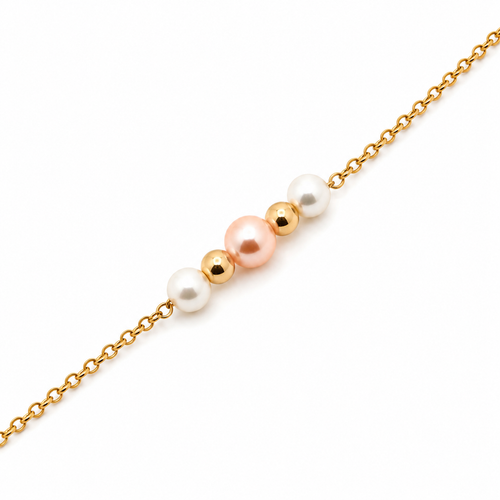 14K gold freshwater pearl bracelet with white and blush pearls on a fine station chain