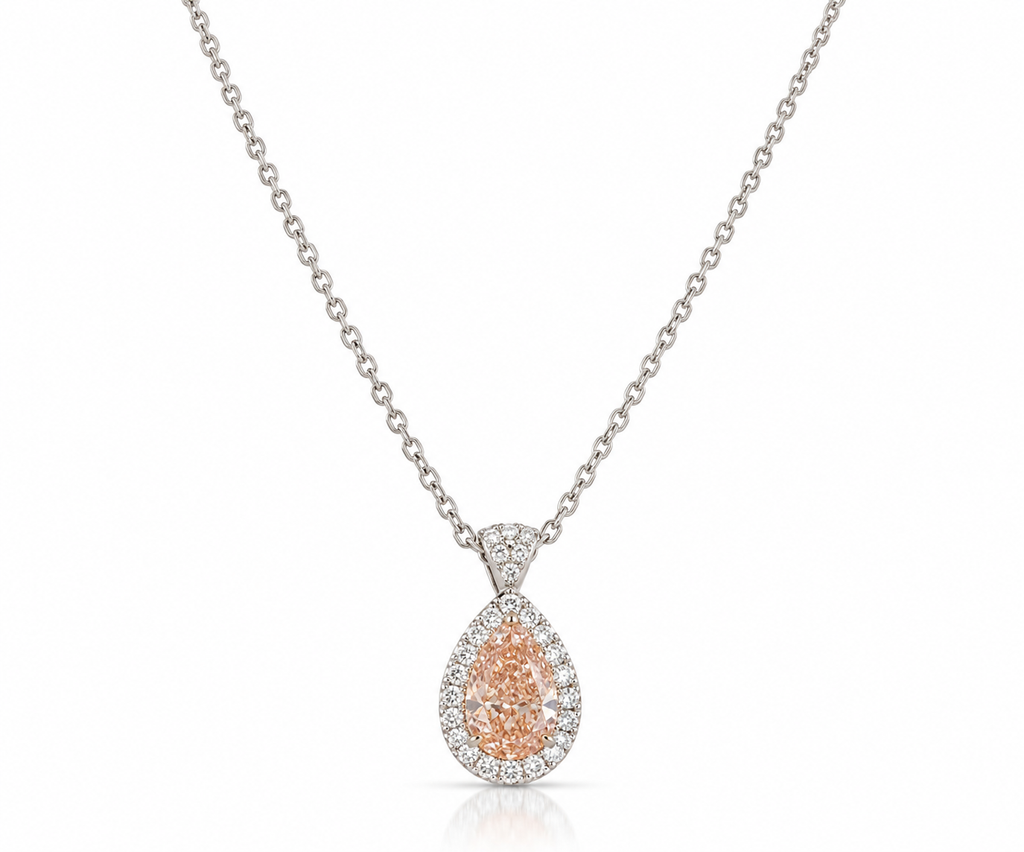 Pear-shaped peach pink gemstone halo pendant necklace on delicate chain – La Noosha Jewelry