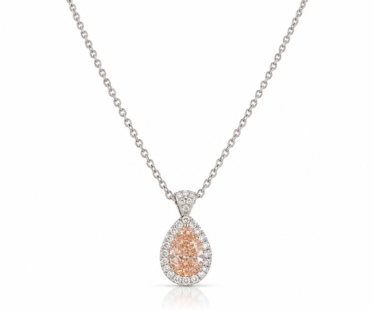 Pear-shaped peach pink gemstone halo pendant necklace on delicate chain – La Noosha Jewelry