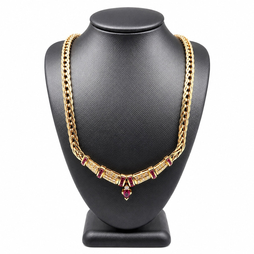 14K Yellow Gold Ruby & Diamond Statement Necklace | Vintage Luxury Chain Necklace