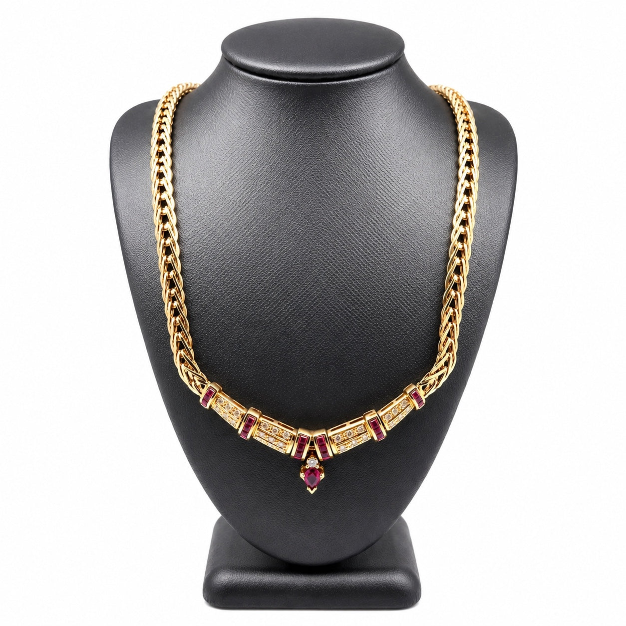 14K Yellow Gold Ruby & Diamond Statement Necklace | Vintage Luxury Chain Necklace
