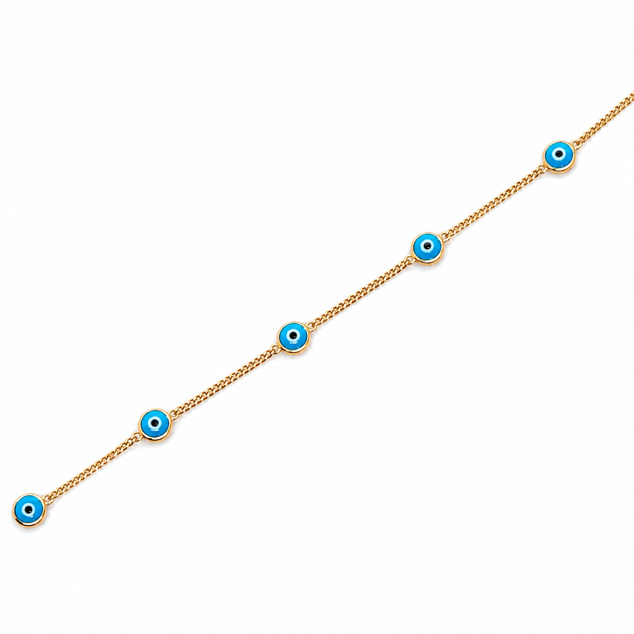 14K gold blue evil eye bracelet with blue enamel charms on a delicate station chain