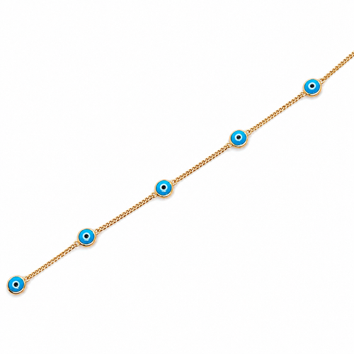 14K gold blue evil eye bracelet with blue enamel charms on a delicate station chain