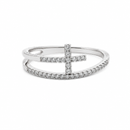 14K white gold diamond cross wrap ring featuring pavé-set round diamonds in a modern open-band design on a white background.