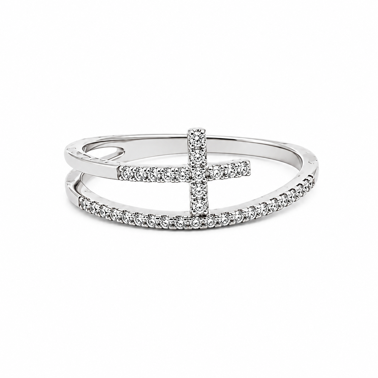 14K white gold diamond cross wrap ring featuring pavé-set round diamonds in a modern open-band design on a white background.