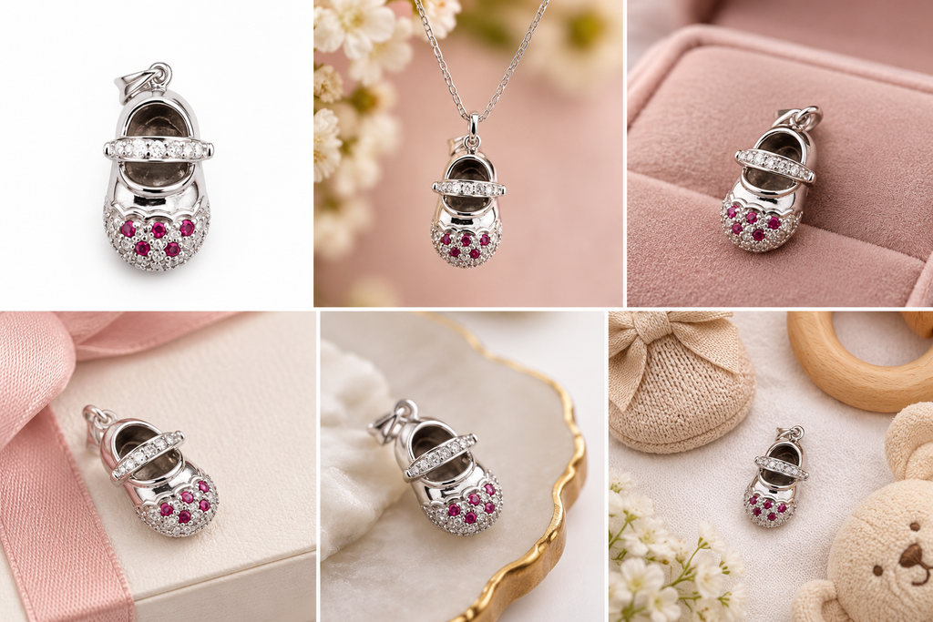 Silver-tone baby shoe charm pendant with sparkling pink and clear stones, perfect for a baby-themed charm bracelet.