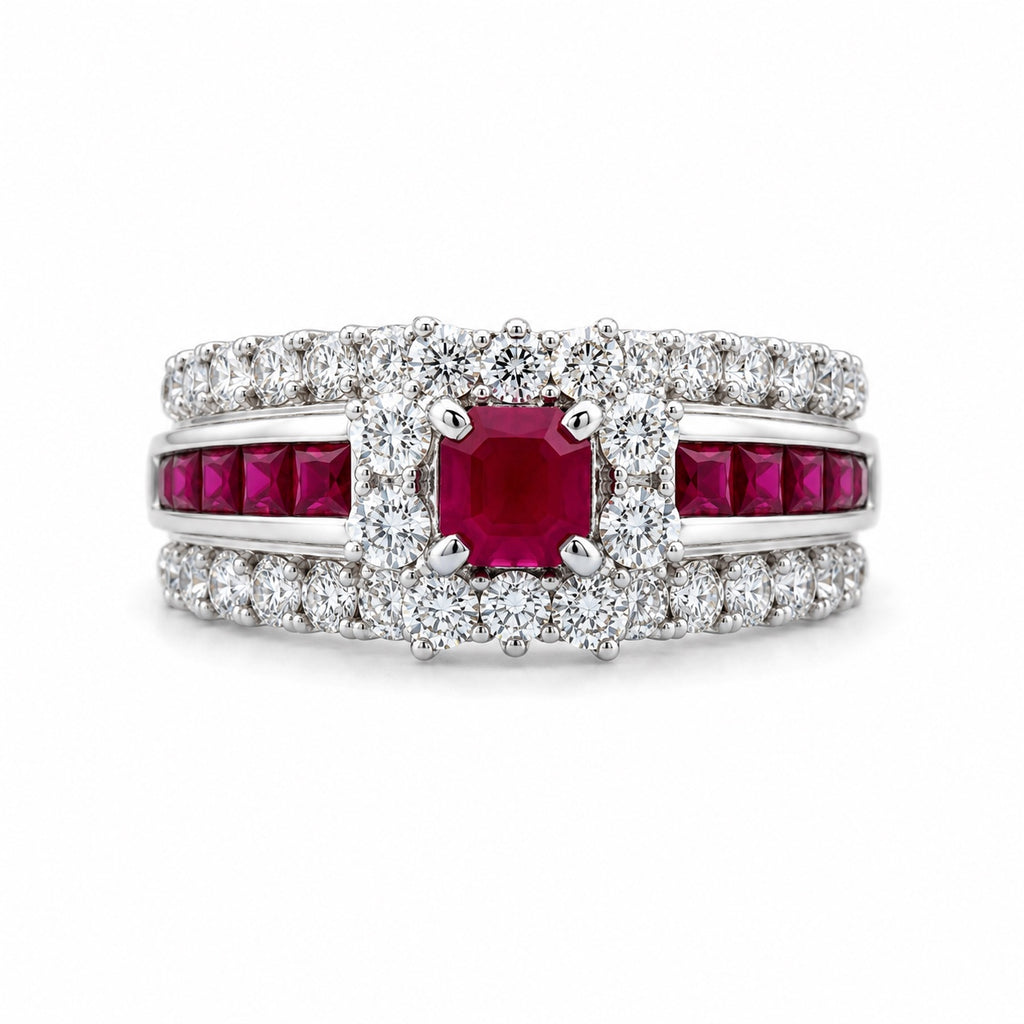 18K white gold ruby and diamond ring with square center ruby