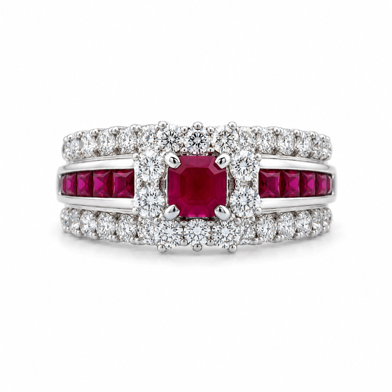 18K white gold ruby and diamond ring with square center ruby