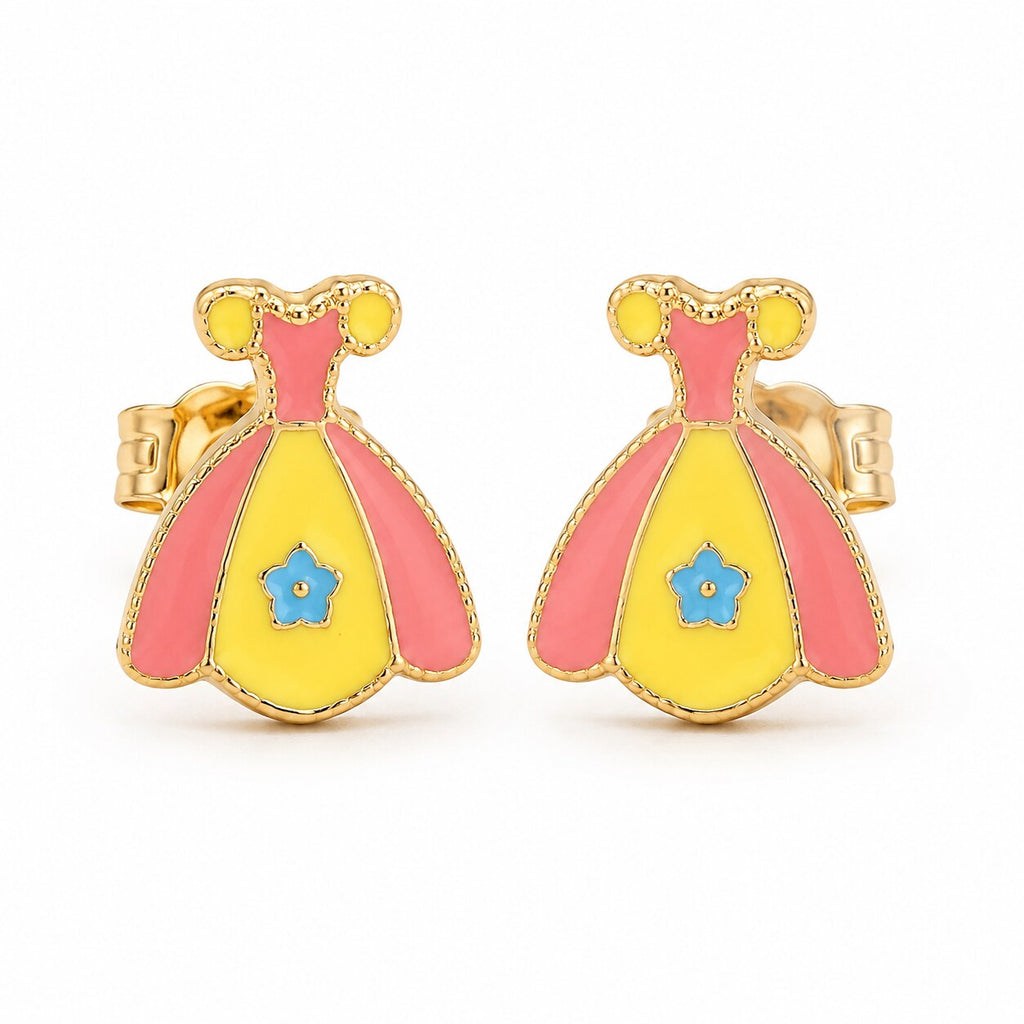 Kids gold stud earrings shaped like pink and yellow princess dresses