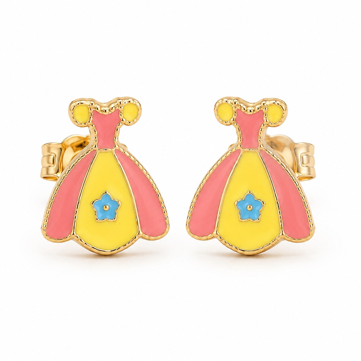 Kids gold stud earrings shaped like pink and yellow princess dresses