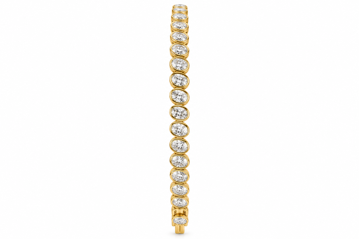 Oval Cut Lab-Grown Diamond Tennis Bracelet in Yellow Gold with Bezel Set Diamonds – La Noosha Jewelry