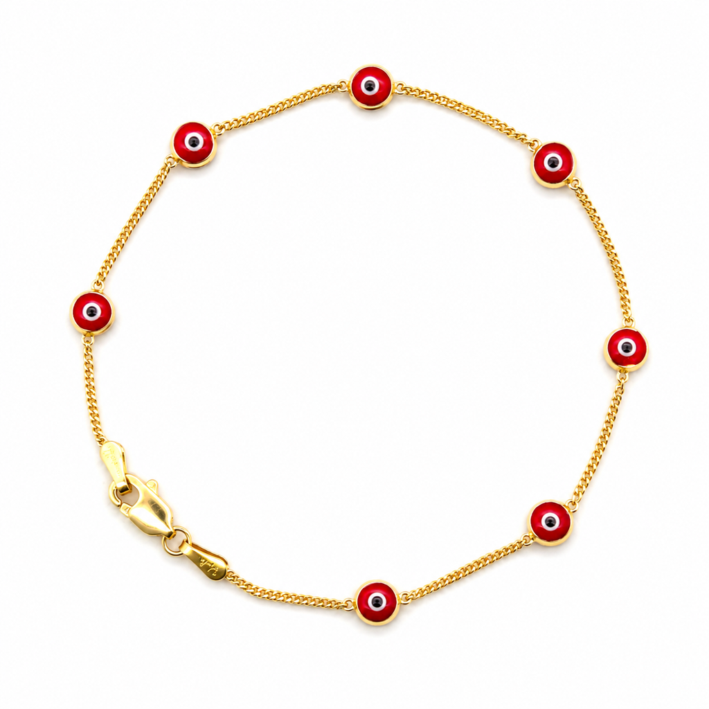 14K gold evil eye necklace with blue enamel pendant on white background