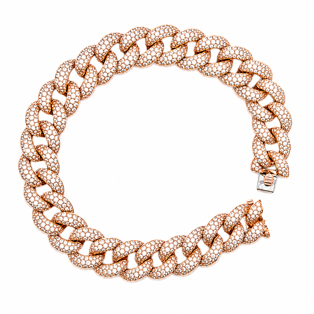 14K rose gold diamond Cuban link bracelet on white background