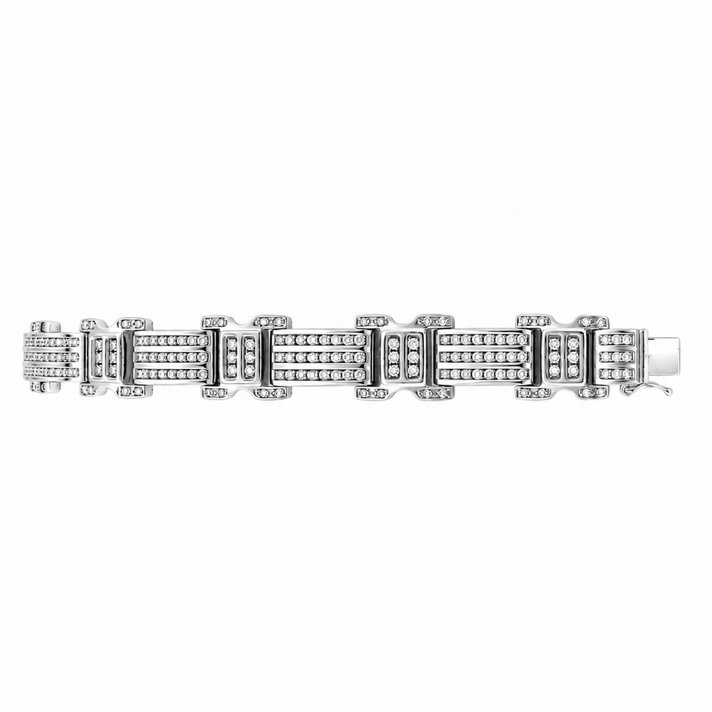 14K white gold diamond link bracelet with geometric design on white background
