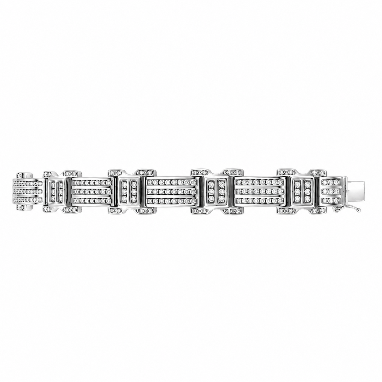 14K white gold diamond link bracelet with geometric design on white background