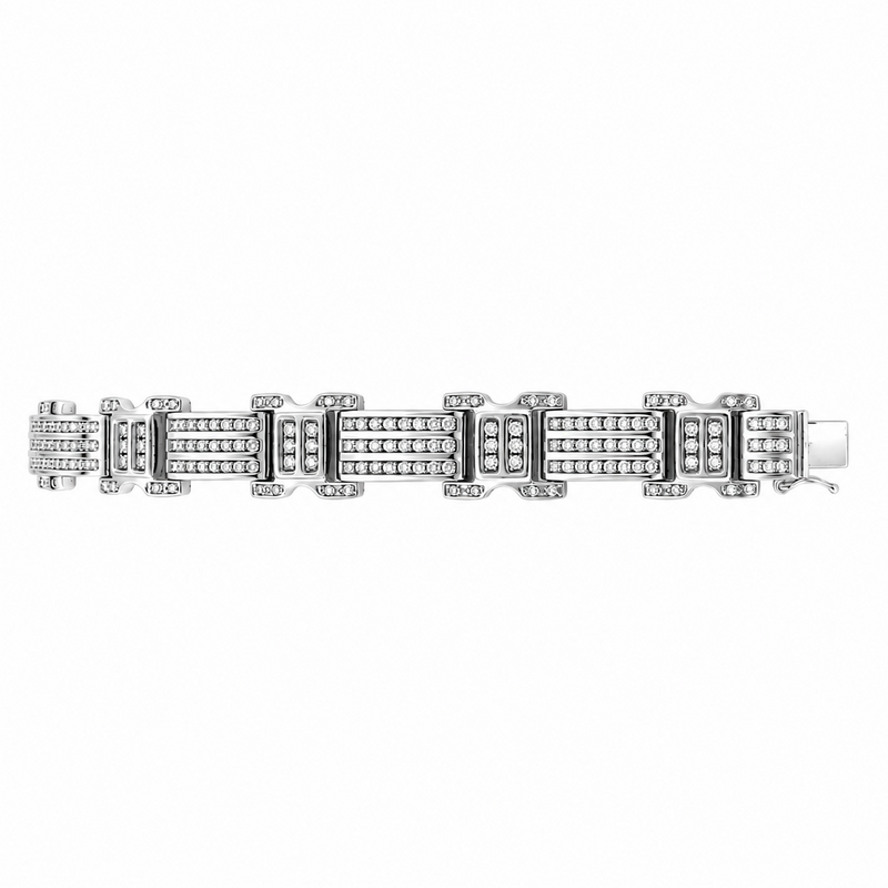 14K white gold diamond link bracelet with geometric design on white background