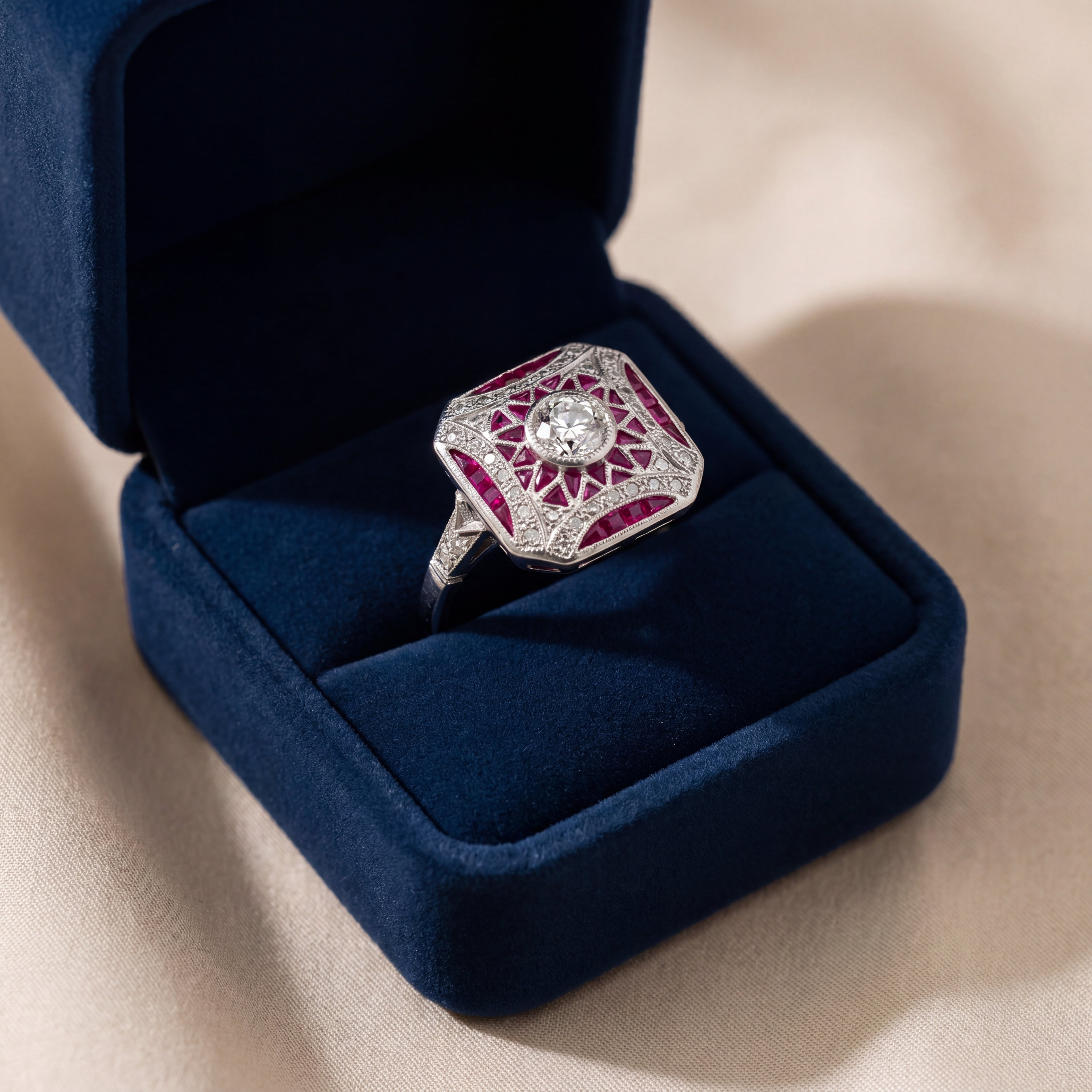 18K vintage Art Deco ruby and diamond ring presented in luxury jewelry box