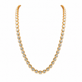 14K yellow gold bezel set diamond tennis necklace on white background