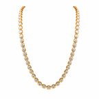 14K yellow gold bezel set diamond tennis necklace on white background